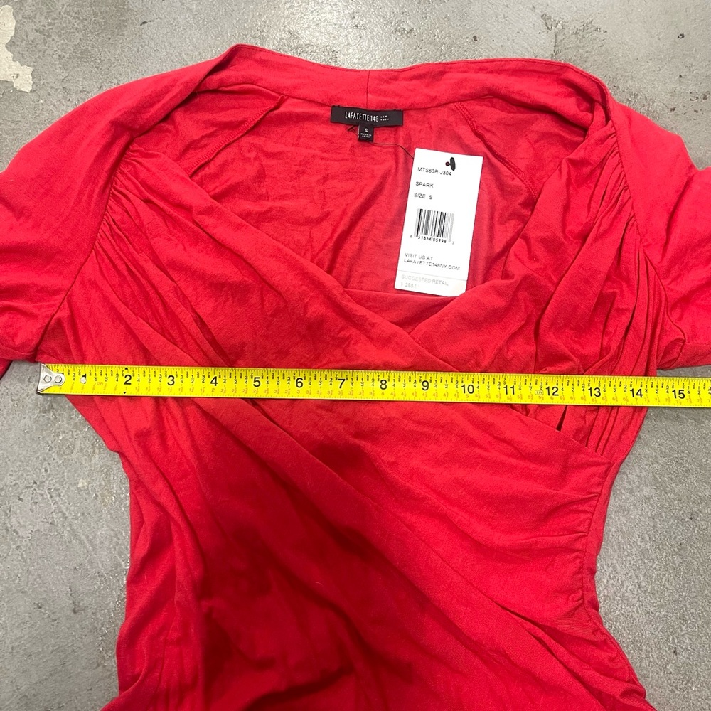 NWT Lafayette 148 Red Long Sleeve Ruched Faux Wrap Blouse V-Neck Sexy Y2K style - Picture 7 of 8